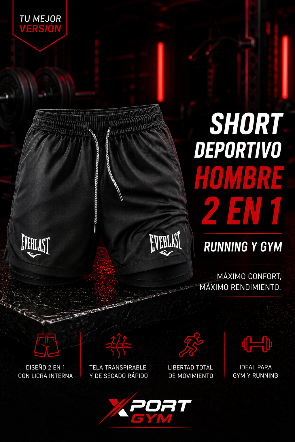 Short Deportivo Hombre 2 en 1 Everlast Xport Gym
